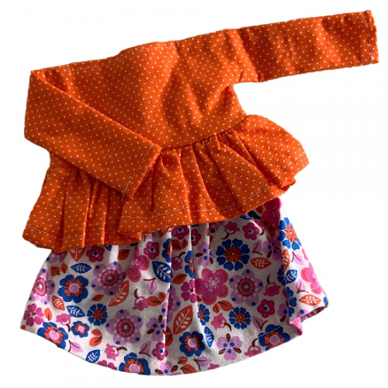 Ensemble 2 pièces : jupe fleurie et haut à pois orange pour poupée Mélie